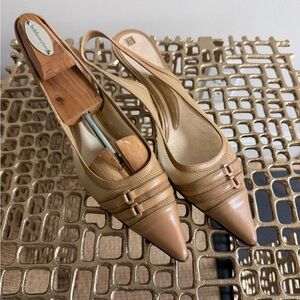 Alessandro Dell’Acqua Italian Slingback Kitten Heels Tan Leather Raffia EU 38